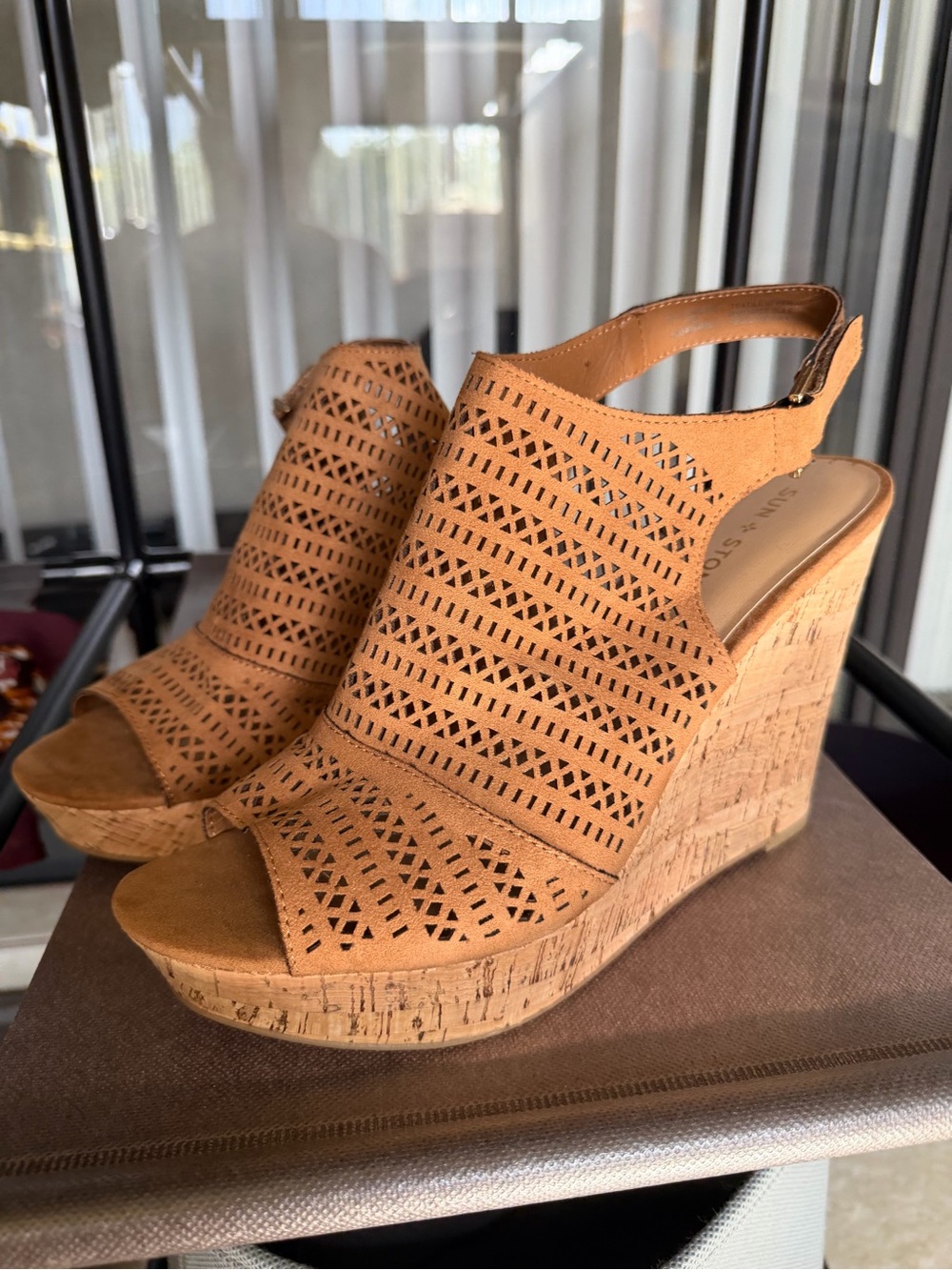 Sun + Stone Tan Laser-Cut Cork Wedge Sandals